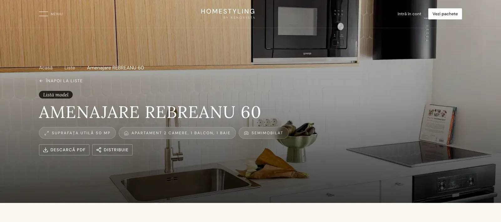 Începutul listei Rebreanu 60, cu eticheta Listă model, datele apartamentului și butoanele Descarcă PDF și Distribuie