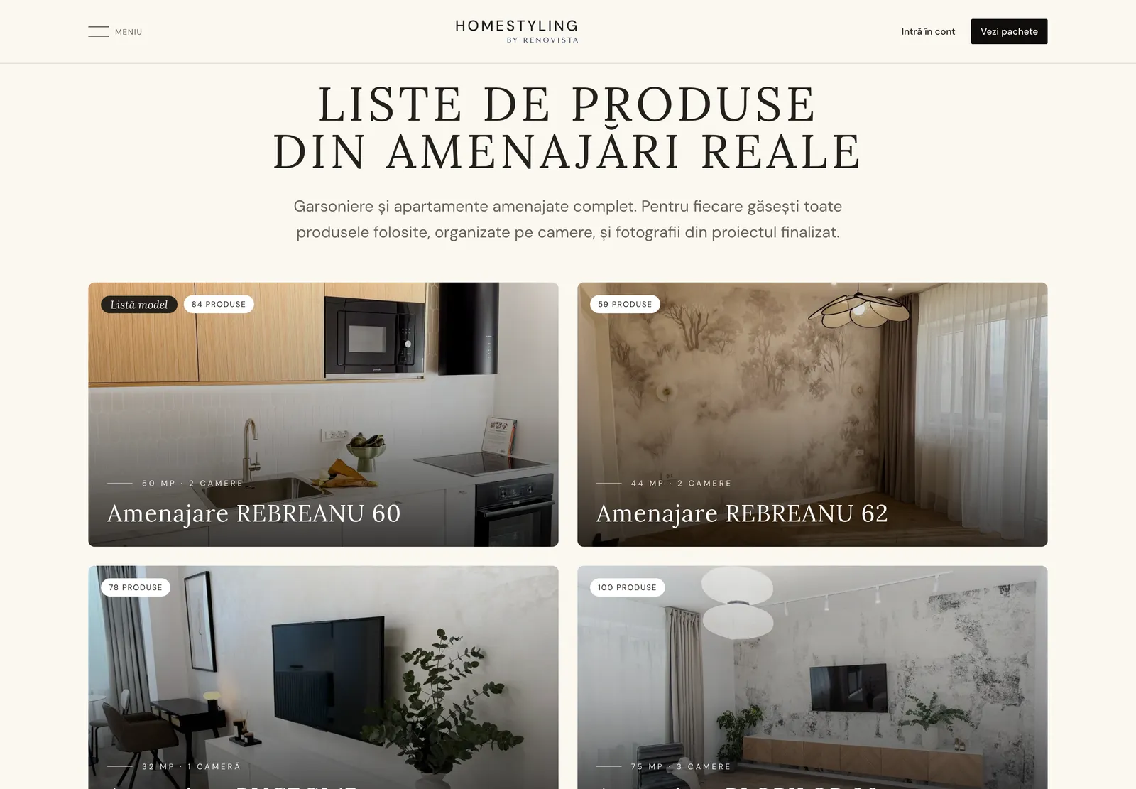 Pagina Liste de pe homestyling.ro, cu cardurile apartamentelor Rebreanu 60, Rebreanu 62, Bucegi 17 și Plopilor 26