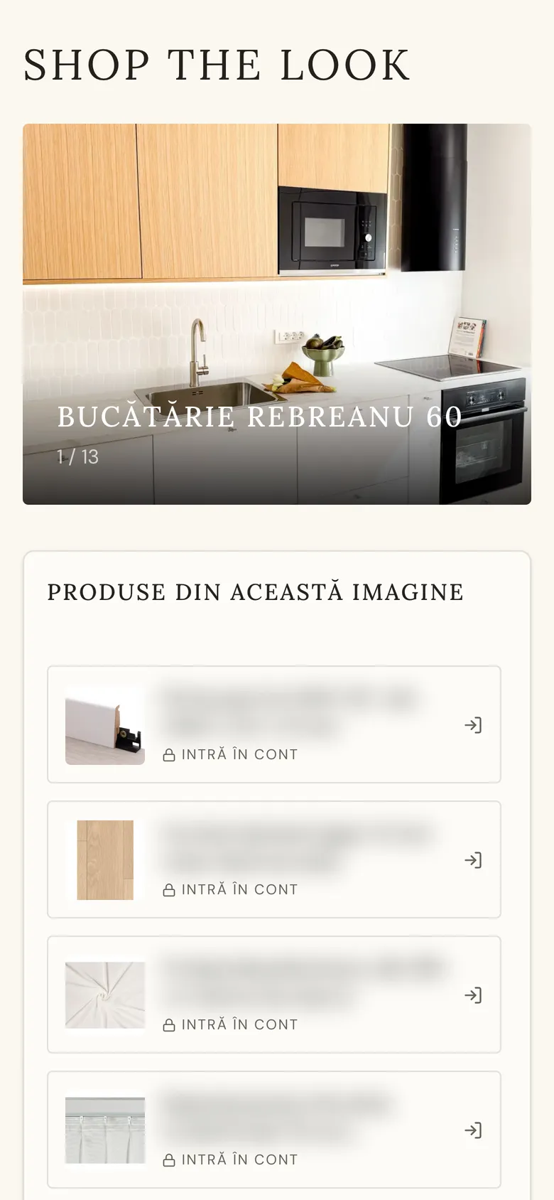 Secțiunea Shop the look pe telefon, cu fotografia bucătăriei Rebreanu 60 și lista „Produse din această imagine” dedesubt