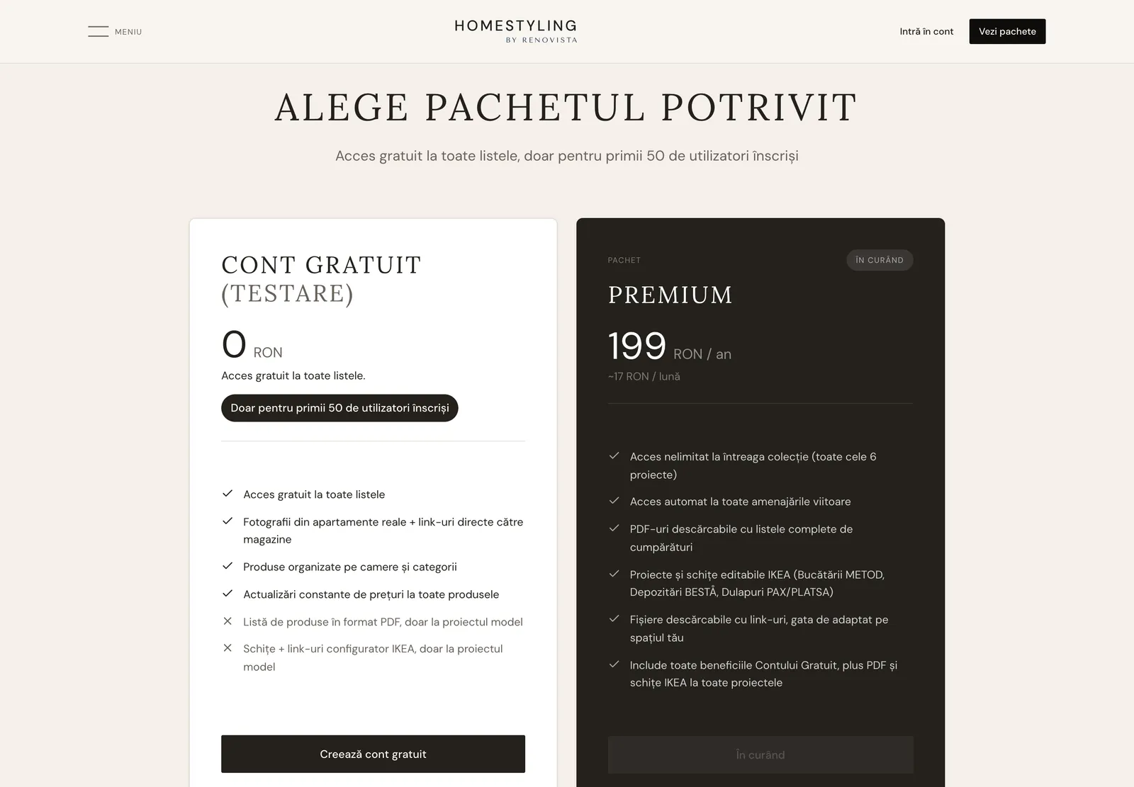 Secțiunea „Alege pachetul potrivit”, cu Contul gratuit de testare la 0 lei și pachetul Premium la 199 lei/an, marcat „În curând”