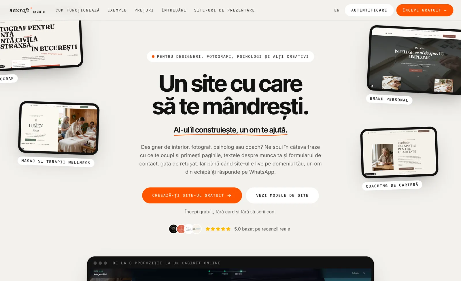 Pagina de start netcraft.studio, cu titlul „Un site cu care să te mândrești.” și exemple de site-uri generate pentru fotograf, wellness și coaching