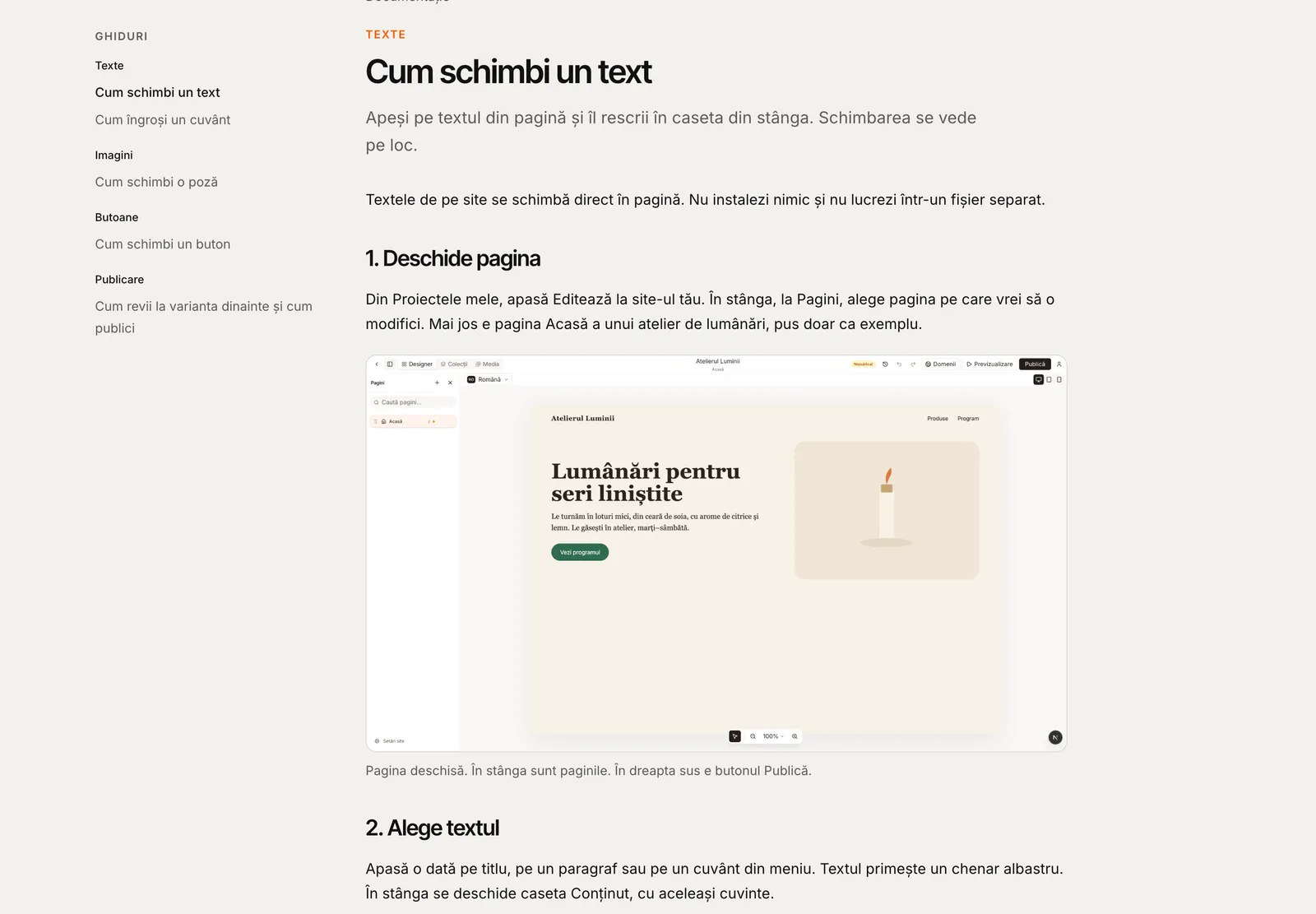 Ghidul „Cum schimbi un text” din Documentația netcraft.studio, cu meniul ghidurilor în stânga și o captură din editor