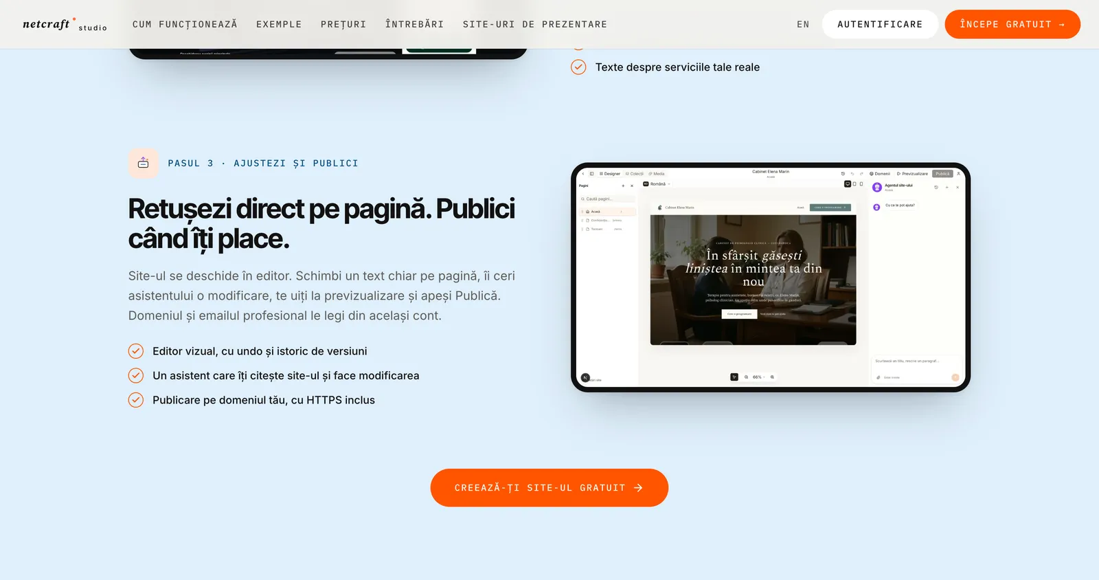Pasul 3 de pe netcraft.studio, „Retușezi direct pe pagină. Publici când îți place.”, cu ecranul editorului vizual