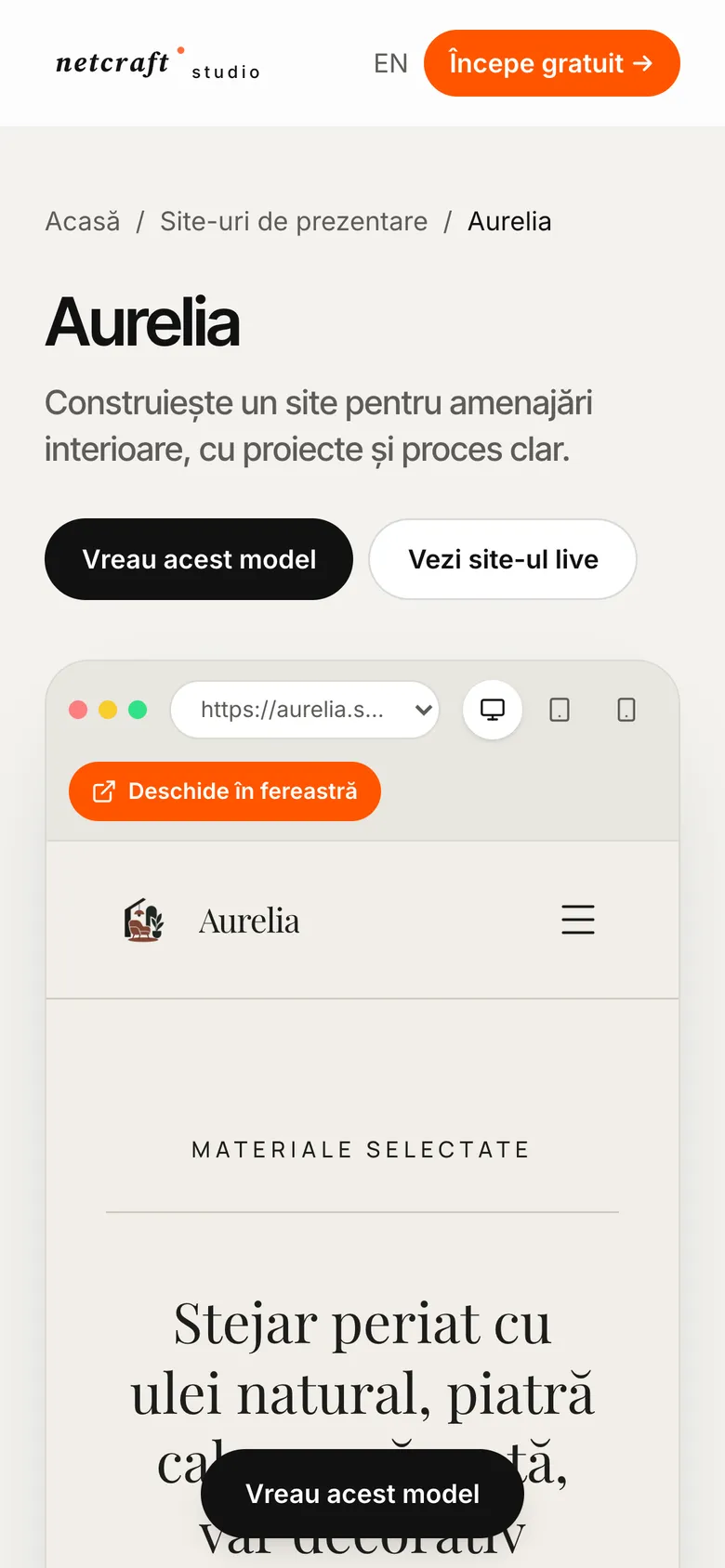 Pagina modelului Aurelia pe telefon, cu previzualizarea site-ului pentru amenajări interioare și butonul „Vreau acest model”