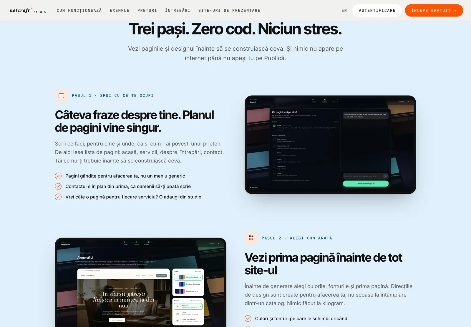 Secțiunea „Trei pași. Zero cod. Niciun stres.” de pe netcraft.studio, cu ecranul planului de pagini și ecranul de alegere a stilului