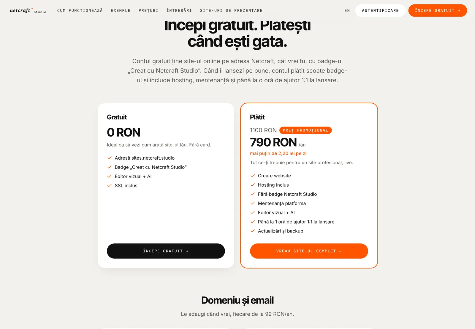 Secțiunea de prețuri de pe netcraft.studio, cu planul Gratuit la 0 lei și planul Plătit la 790 lei/an, preț promoțional