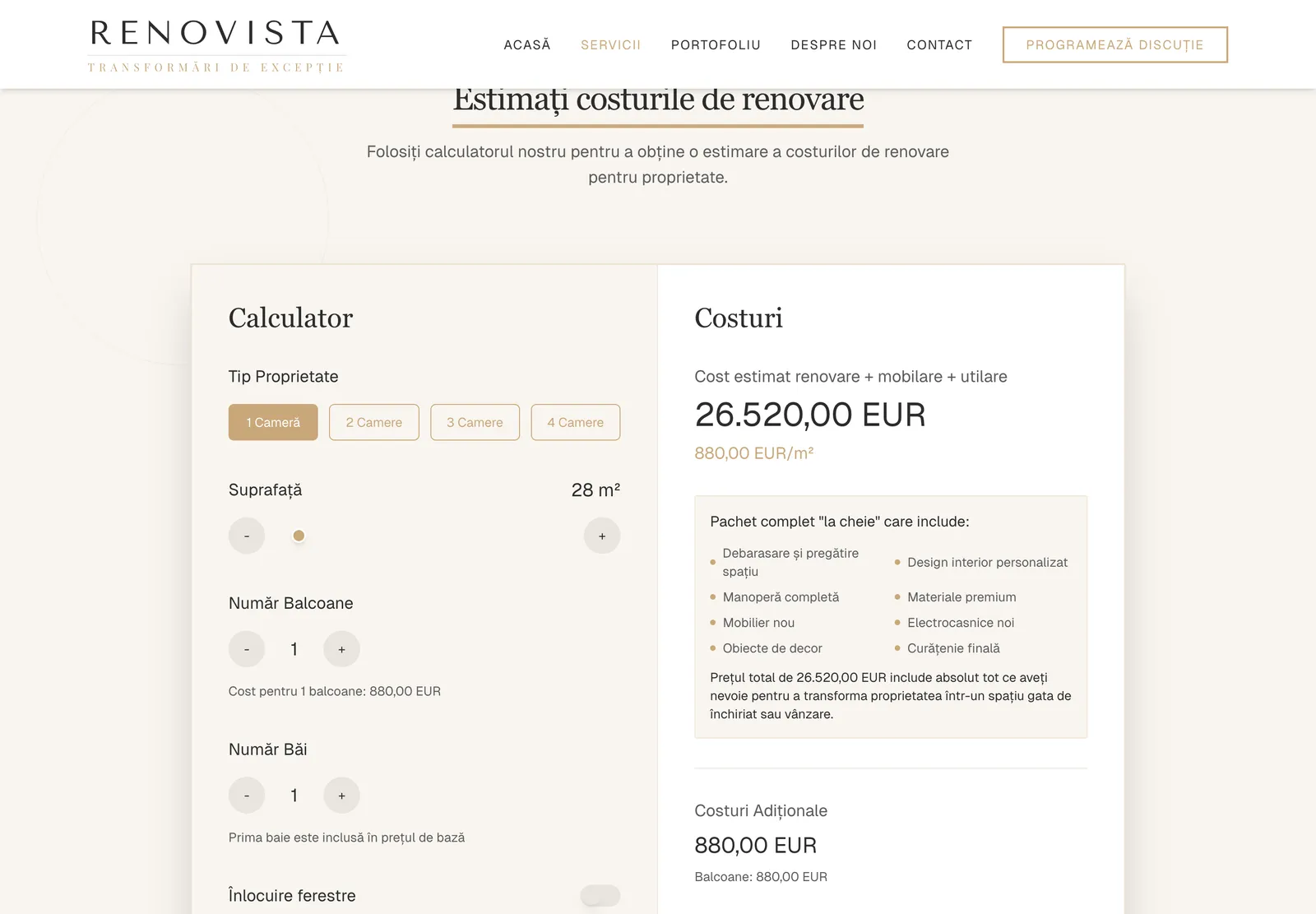 Calculatorul de cost de pe pagina Servicii, cu o garsonieră de 28 mp estimată la 26.520 €