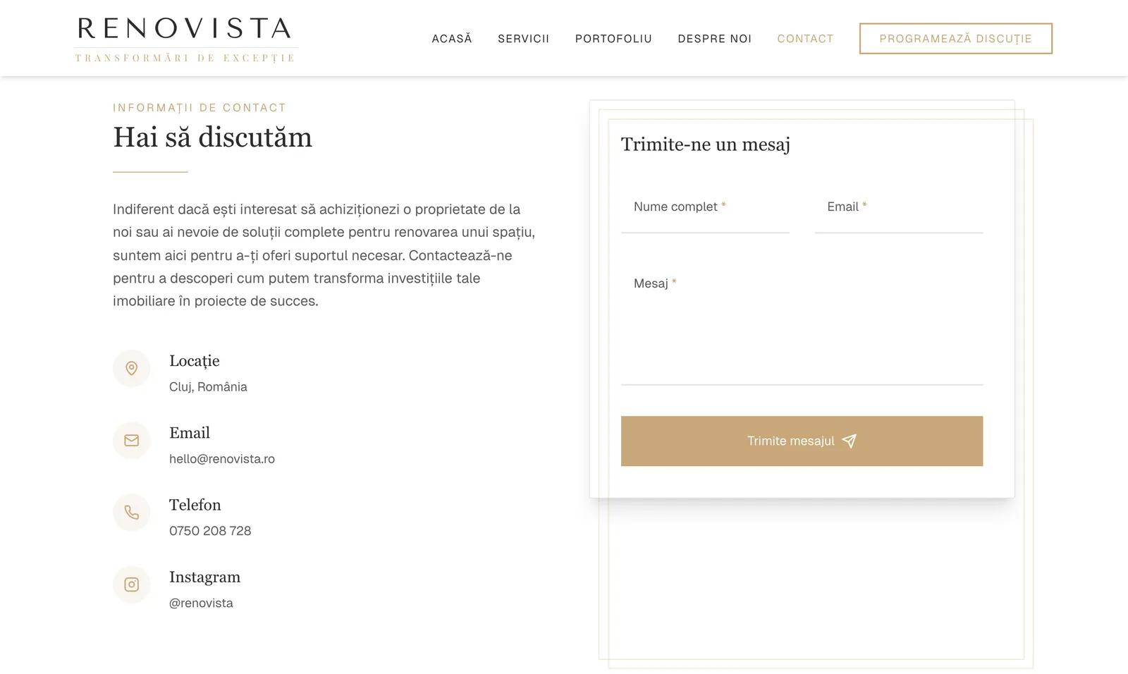 Pagina Contact de pe renovista.ro, cu datele de contact în stânga și formularul de mesaj în dreapta