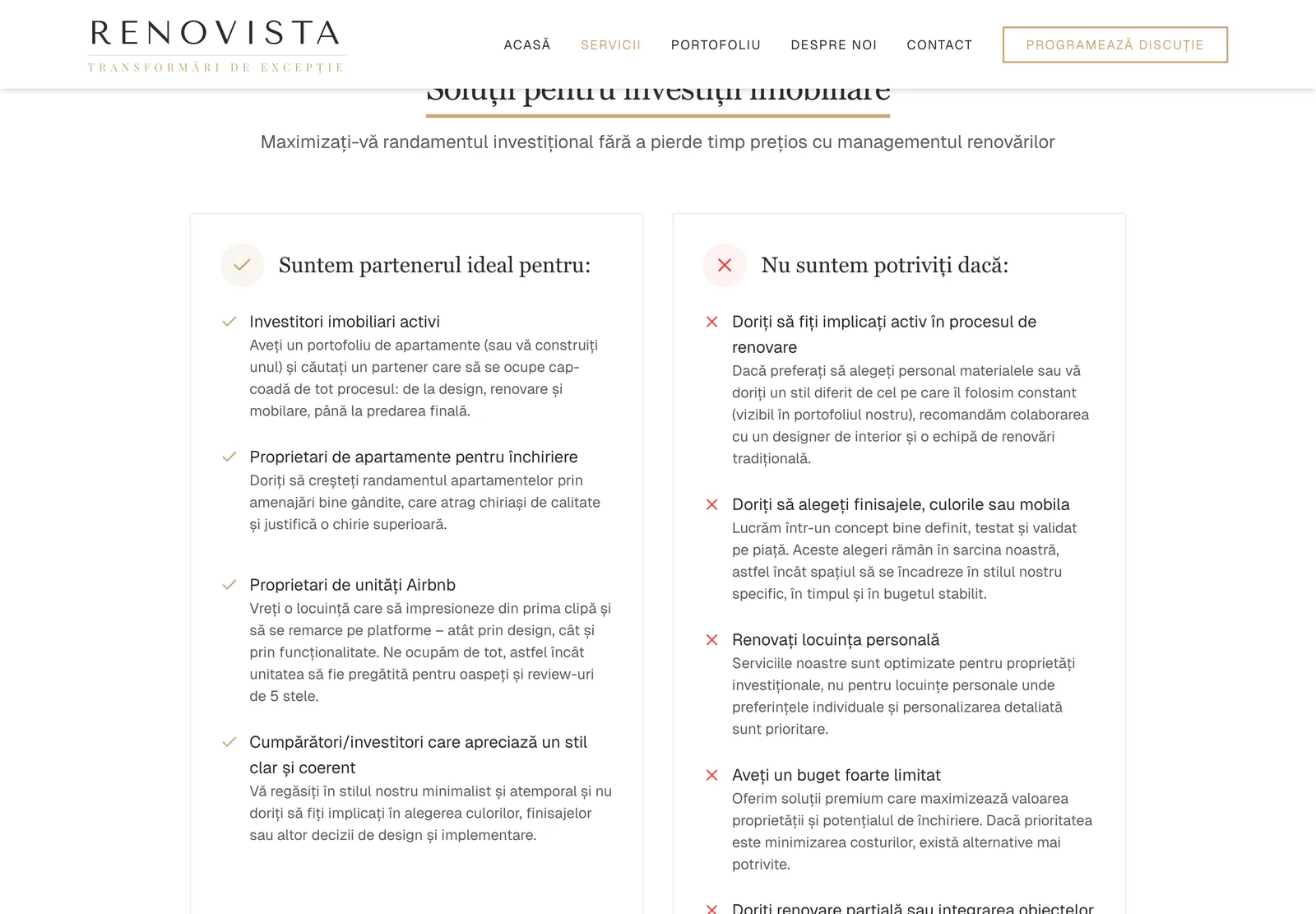 Pagina Servicii de pe renovista.ro, cu două coloane: pentru cine e potrivită Renovista și când nu este
