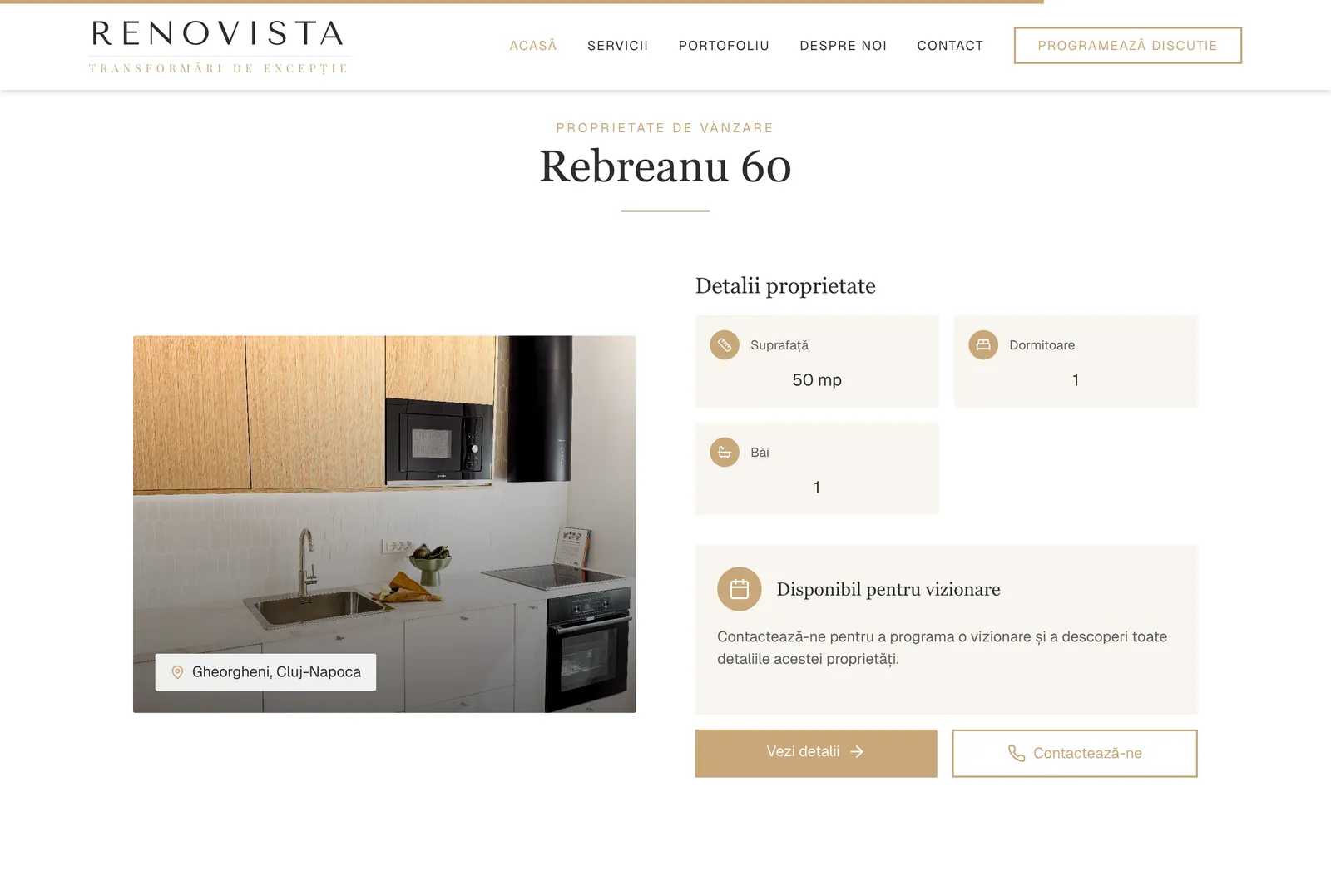 Secțiunea Proprietate de vânzare de pe pagina de start, cu apartamentul Rebreanu 60 de 50 mp